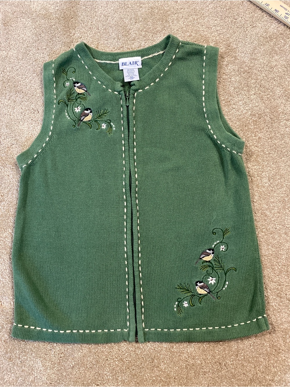 Vintage Blair Green Embroidered Chickadee Bird Sweater Vest Medium